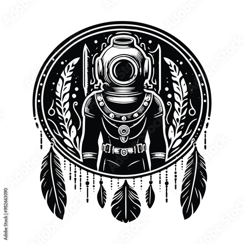 vintage diving suit with bohemian decoration in black and white illustrations, cutout graphic d
