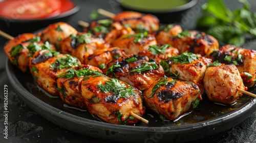 Deliciously Spiced Chicken Tikka Kabab, A Flavourful Grilled Delight with Tangy Marinade and Smoky Charcoal Aroma Serve with Mint and Tomato Chutney. Selective focus. 