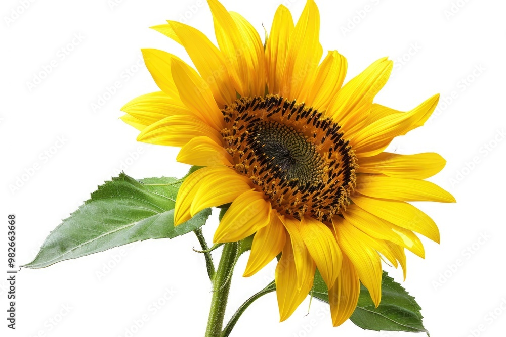 Naklejka premium A single yellow sunflower grows on a white background, surrounded by green leaves