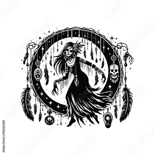 voodoo lady horror inside bohemian decoration in black and white illustrations, cutout graphic