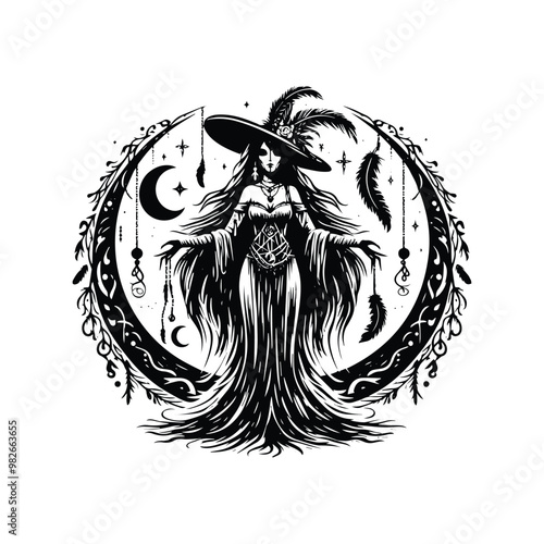 voodoo lady horror inside bohemian decoration in black and white illustrations, cutout graphic
