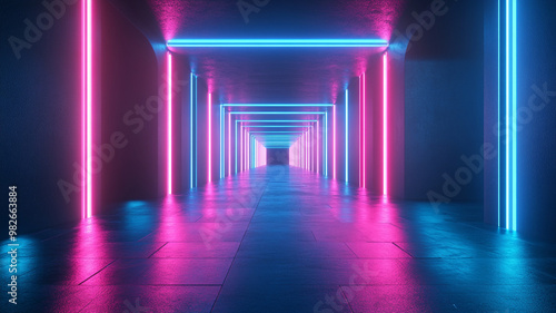 empty virtual futuristic neon light corridor background