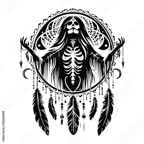 voodoo lady horror inside bohemian decoration in black and white illustrations, cutout graphic