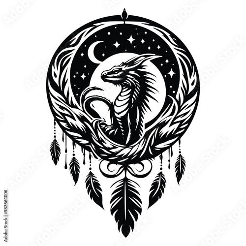 water dragon with bohemian decoration in black and white illustrations, cutout graphic a