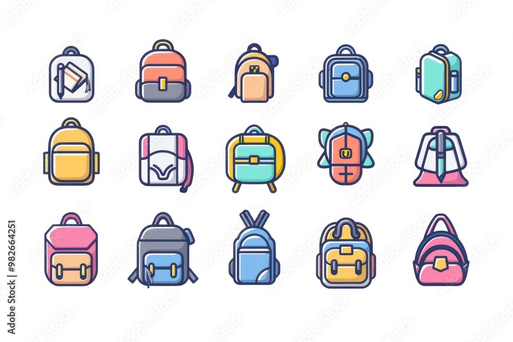 A collection of colorful backpacks on a white background, perfect for travel or adventure-themed designs A collection of colorful backpacks on a white background, perfect for travel or adventure-themed designs