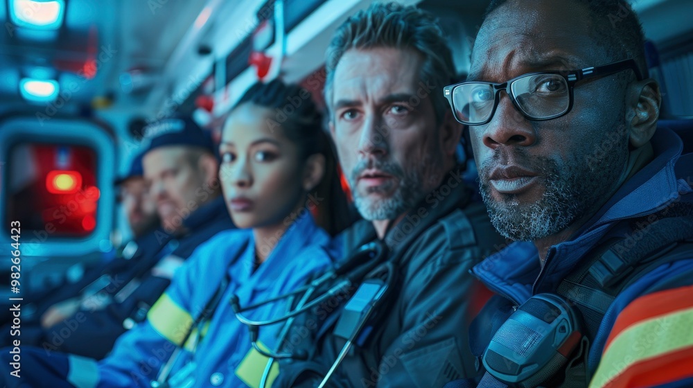 A group of emergency medical technicians in an ambulance, coordinating patient care. Their synchronized efforts are crucial in saving lives. A group of emergency medical technicians in an ambulance, coordinating patient care. Their synchronized efforts are crucial in saving lives.