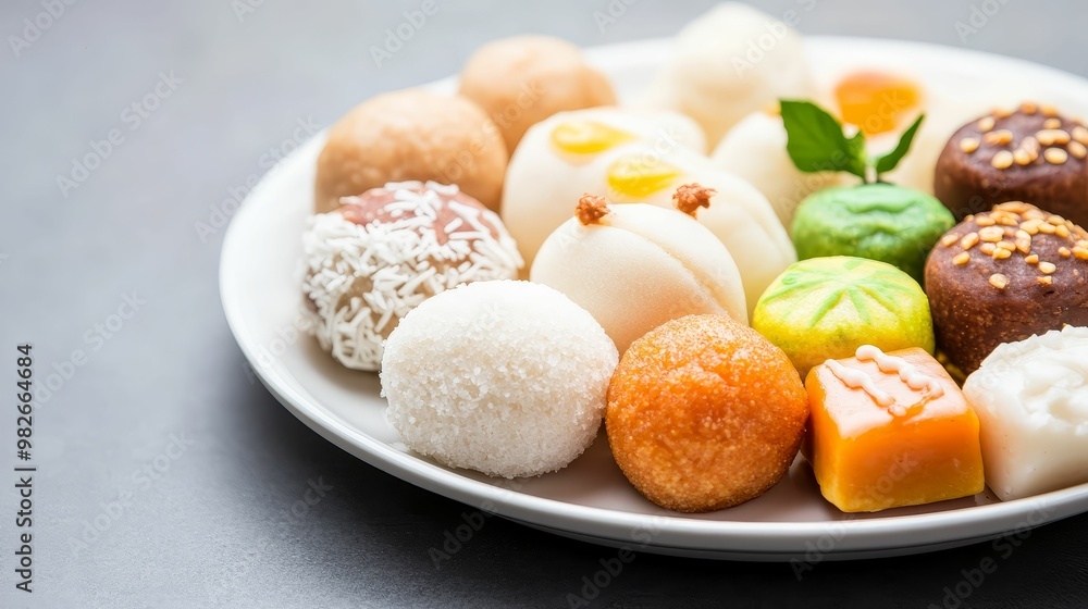 A closeup of a plate of Diwali sweets like ladoos and barfis, symbolizing the sweetness and joy of the festival A closeup of a plate of Diwali sweets like ladoos and barfis, symbolizing the sweetness and joy of the festival