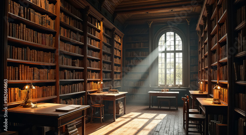 A large library with many bookshelves and desks photo