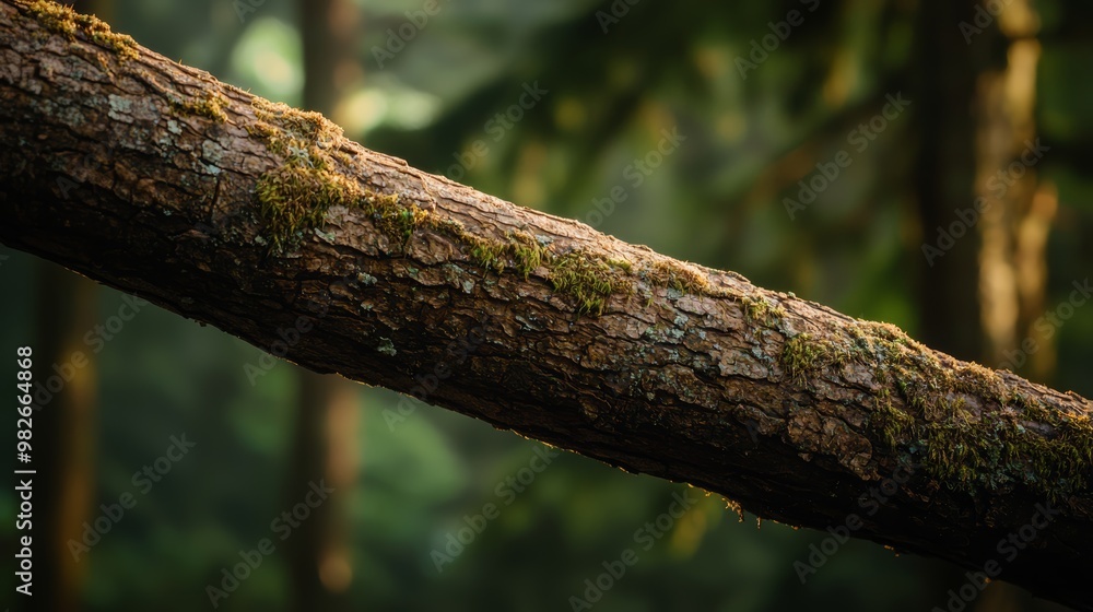 Fototapeta premium A weathered, textured tree branch extending into the frame, with layers of bark, moss, and lichen blending into a soft, earthy forest floor.