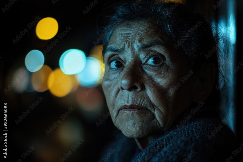 Concerned Elderly Woman in a Dimly Lit Setting Concerned Elderly Woman in a Dimly Lit Setting