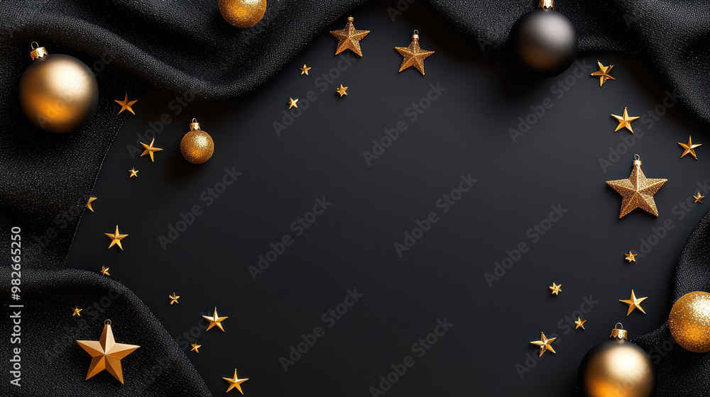 Fototapeta premium Elegant black background adorned with golden ornaments, stars, and baubles, perfect for festive holiday themes and decorations
