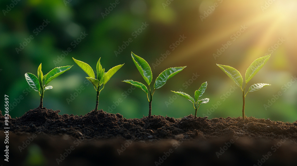 A seedling growing in the soil with a green background and sunlight.