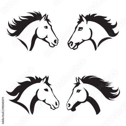 Black and white vector silhouettes set of horse head