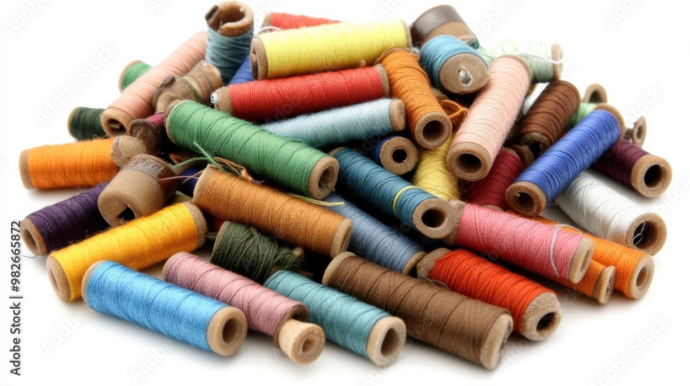 Multiple spools of bright and colorful sewing threads scattered artistically on a clean white background, showcasing the variety of shades Multiple spools of bright and colorful sewing threads scattered artistically on a clean white background, showcasing the variety of shades