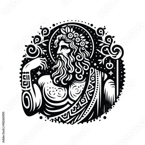 Zeus greek god with bohemian decoration decoration in black and white illustrations, cutout graphic