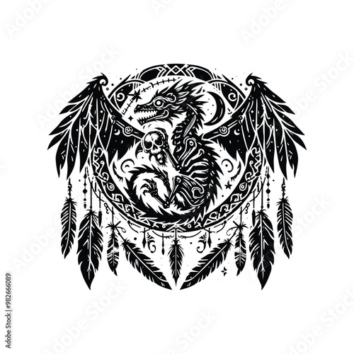 zombie dragon with bohemian decoration in black and white illustrations, cutout graphic f