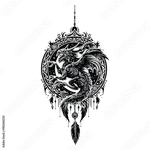 zombie dragon with bohemian decoration in black and white illustrations, cutout graphic l