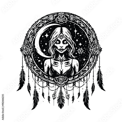 zombie female inside bohemian decoration in black and white illustrations, cutout graphic