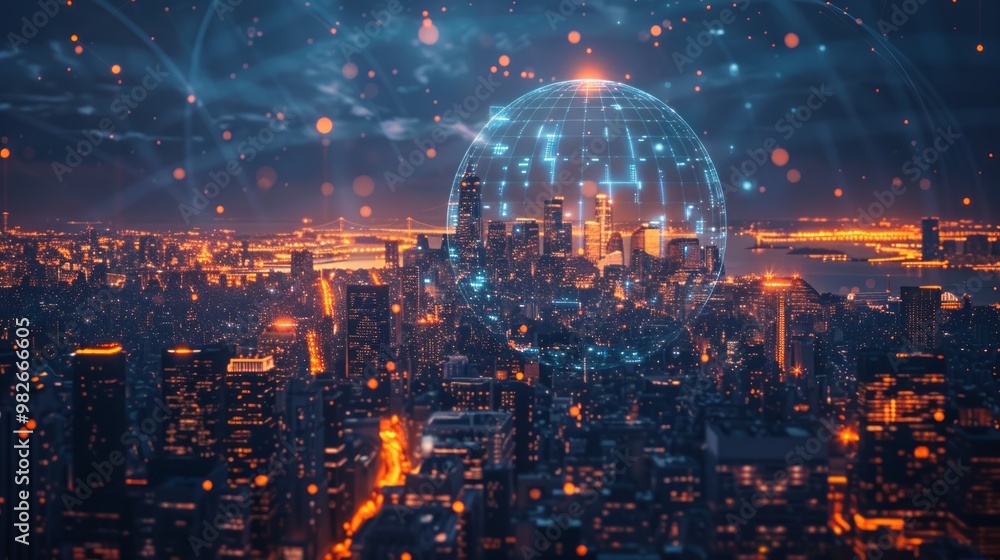 Earth globe with digital connection hologram, New York skyline on background. Metaverse and social marketing. Concept of global internet and worldwide network Earth globe with digital connection hologram, New York skyline on background. Metaverse and social marketing. Concept of global internet and worldwide network