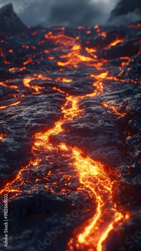 Fiery Spectacle: Glowing Lava Flowing from Volcano at Dusk in High Definition.