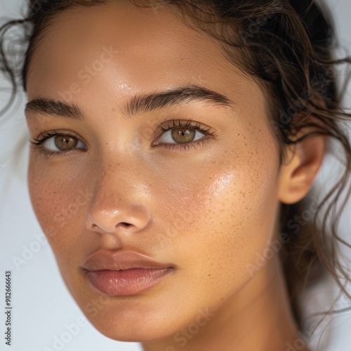 Portrait of beautiful woman model posing in profile, close up of beautiful female, Facial and Skincare Model