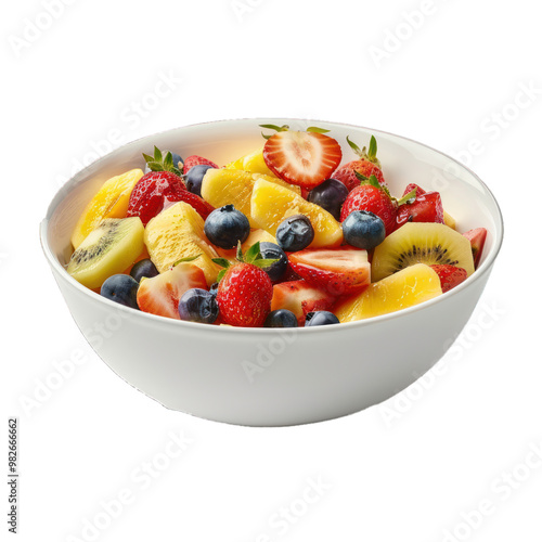 White bowl is overflowing with a delicious and colorful fruit salad made from fresh sliced pineapple, strawberries, blueberries, and kiwi