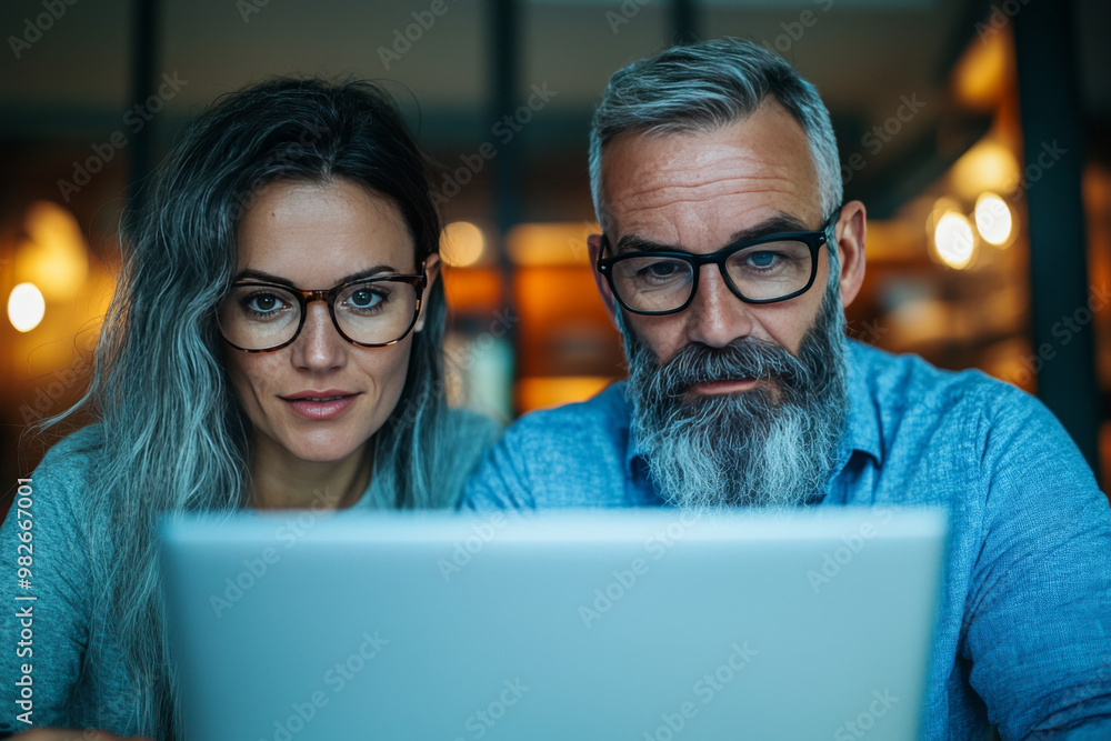 A man and woman intently look at a laptop screen. A man and woman intently look at a laptop screen.