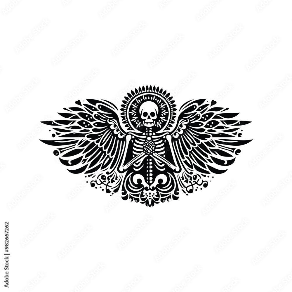 Fototapeta premium angel skeleton with folk art decoration in black and white illustrations, cutout graphic