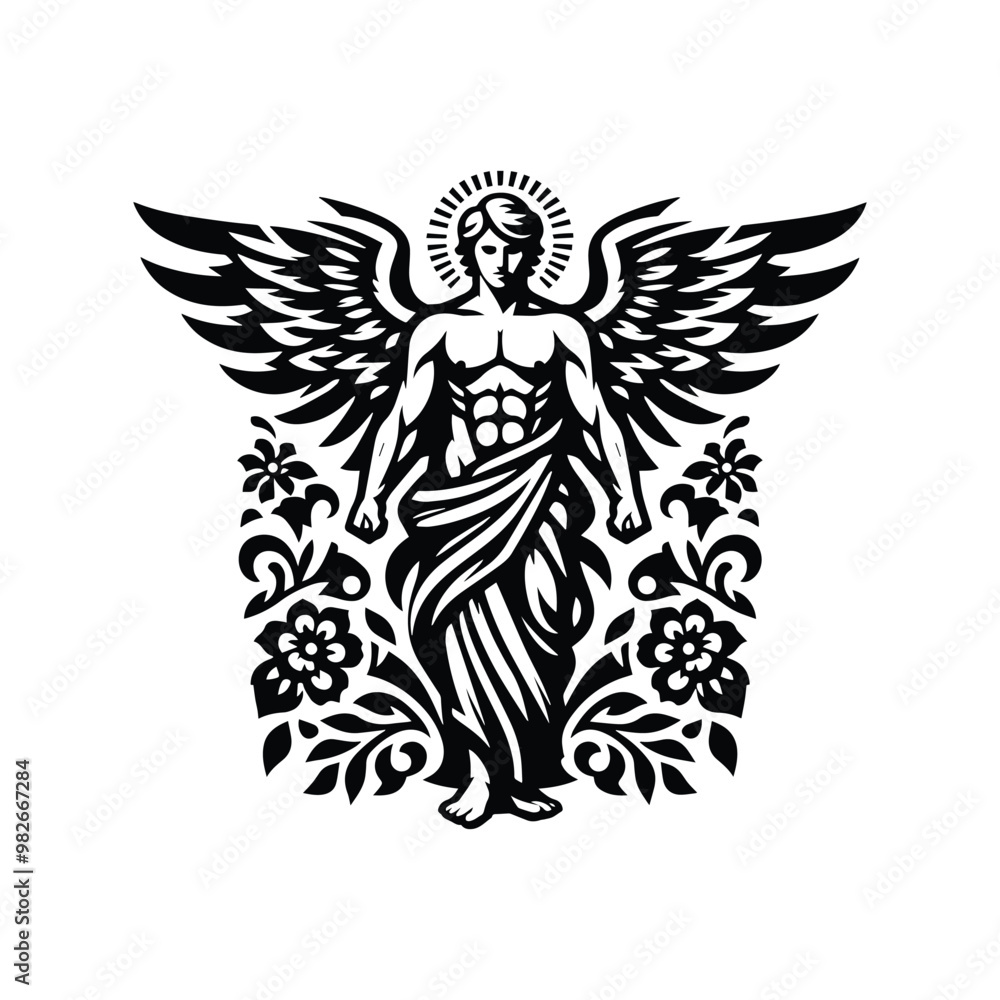 Obraz premium angel male with folk art decoration in black and white illustrations, cutout graphic