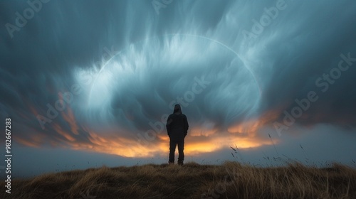 A silhouette of a person against a dramatic sky filled with swirling clouds and vibrant colors at sunset.