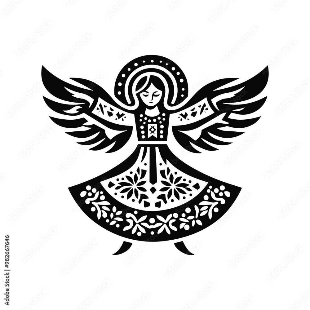 Obraz premium angel with folk art decoration in black and white illustrations, cutout graphic