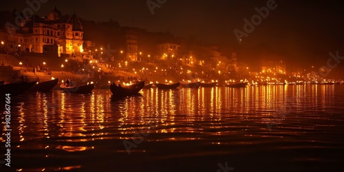 Illuminated boats on a river with reflections.