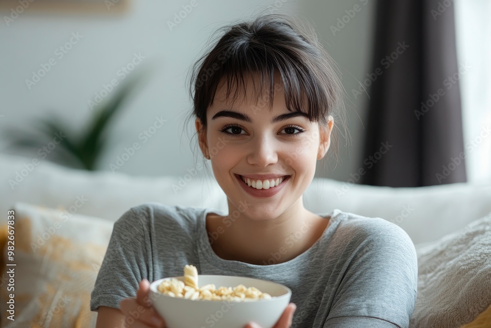 Positive young female with short hair wearing gray t shirt smiling while eating healthy snack on comfortable sofa at home , ai Positive young female with short hair wearing gray t shirt smiling while eating healthy snack on comfortable sofa at home , ai