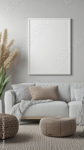 White blank frame mockup and whitewall and wooden floor living room story portrait background