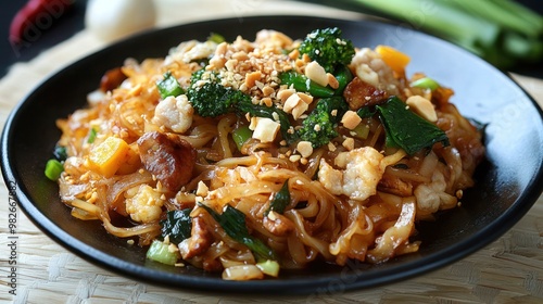 Stir fry chow mien noodles with pork and vegetable, Asian stir fry noodle dish with copy.