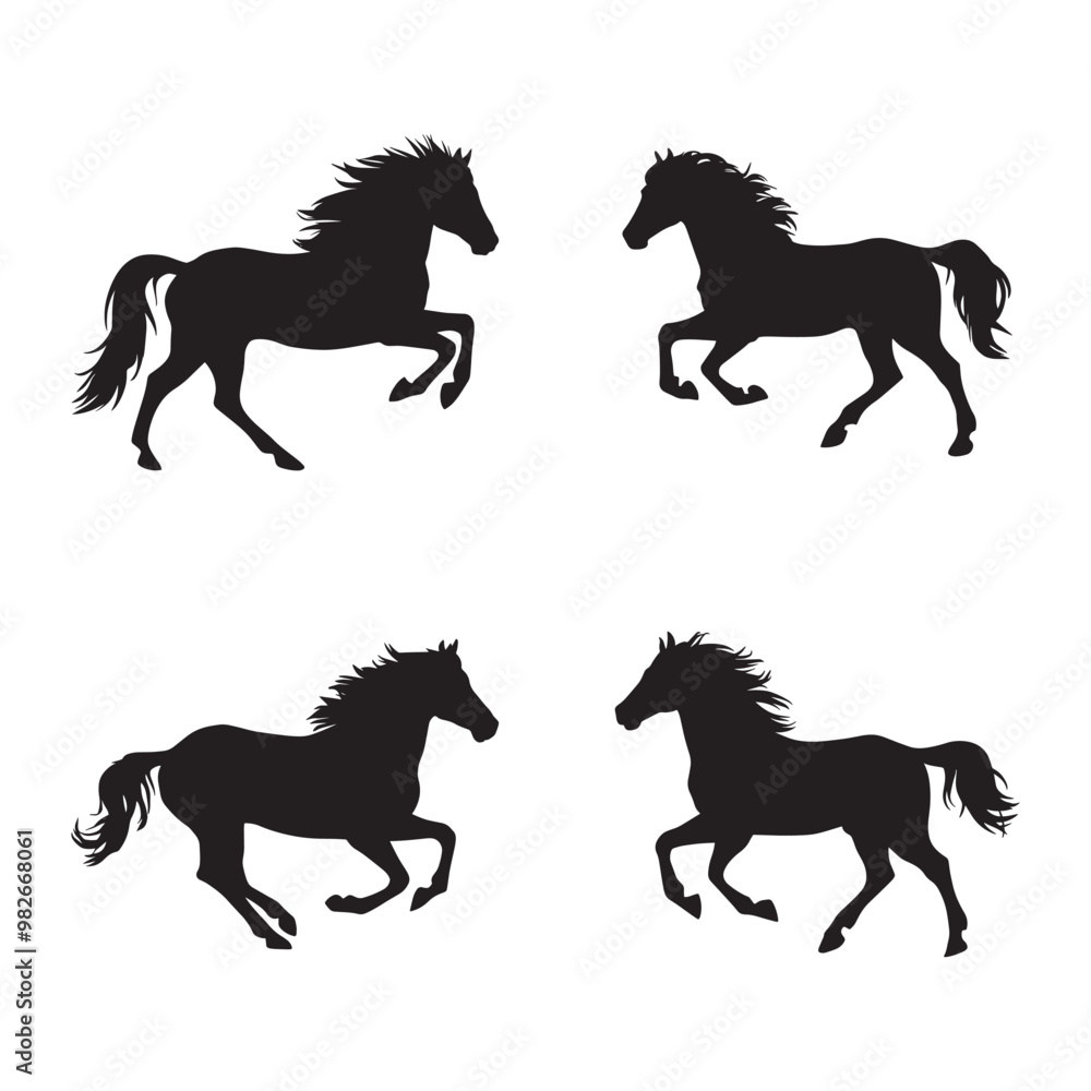 Black and white vector silhouettes set of horse