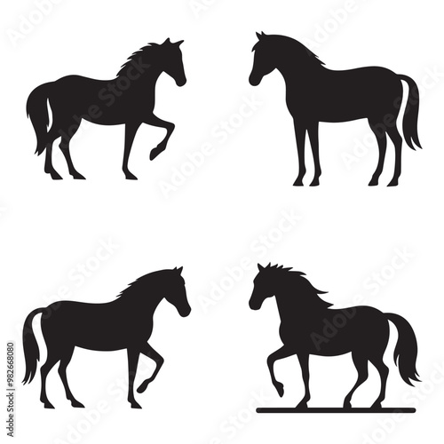 Black and white vector silhouettes set of horse
