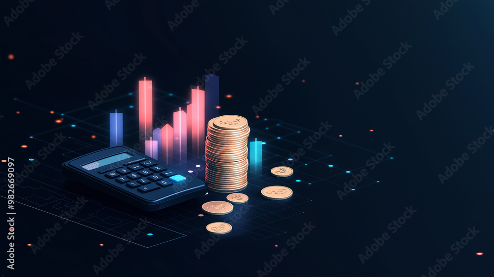 Stunning illustration of A calculator and a stack of coins. Additional ...