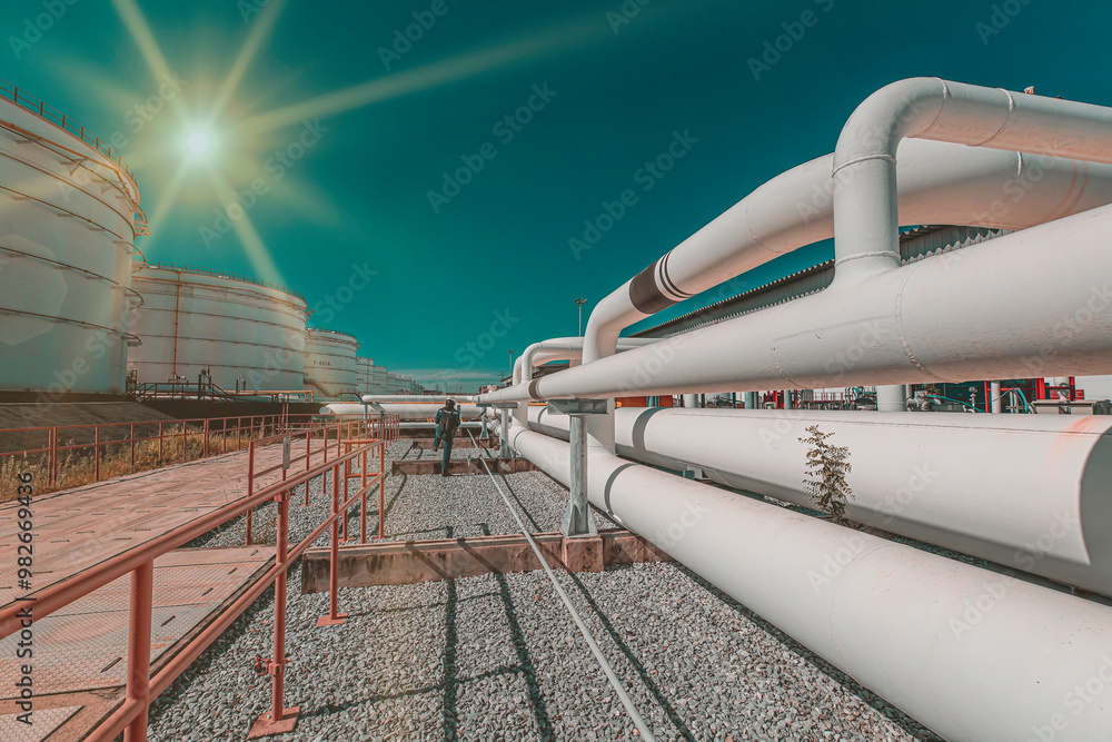 Male worker inspection at steel long pipes and pipe elbow in station oil factory during refinery valve of visual check record pipeline oil Male worker inspection at steel long pipes and pipe elbow in station oil factory during refinery valve of visual check record pipeline oil