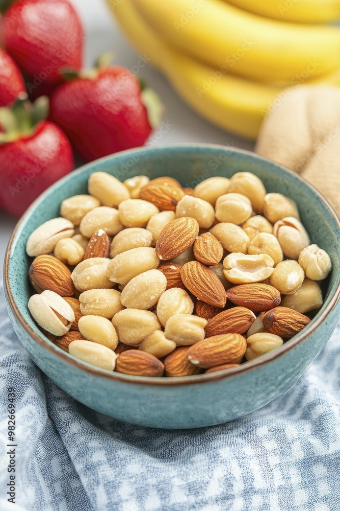 Colorful Bowl of Mixed Nuts and Fresh Bananas on a Rustic Wooden Table, Showcasing Healthy Snack Options and Vibrant Natural Textures Colorful Bowl of Mixed Nuts and Fresh Bananas on a Rustic Wooden Table, Showcasing Healthy Snack Options and Vibrant Natural Textures