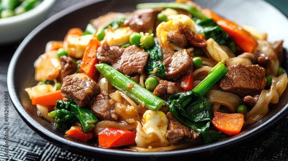 Stir fry chow mien noodles with pork and vegetable, Asian stir fry noodle dish with copy. Stir fry chow mien noodles with pork and vegetable, Asian stir fry noodle dish with copy.