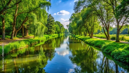 Tranquil view of Gota Canal with still water and lush greenery, serene, peaceful, Sweden, Scandinavia, canal, waterway photo