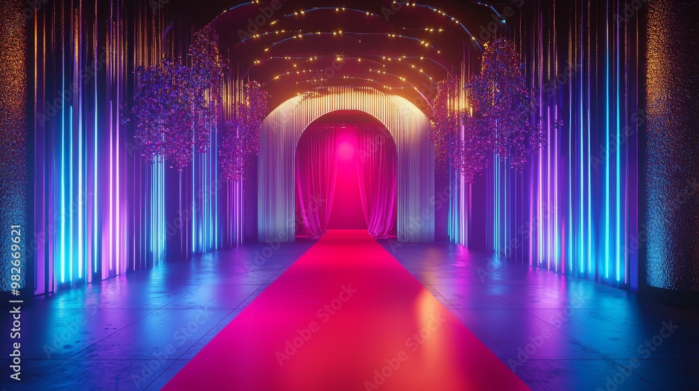 Glowing Splendor of Red Carpet Affair - Luxurious 3D Stage with Dynamic Lighting Effects Glowing Splendor of Red Carpet Affair - Luxurious 3D Stage with Dynamic Lighting Effects
