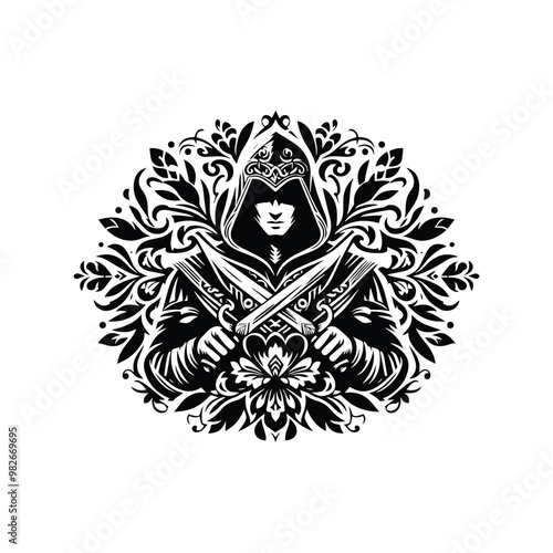 assasin male with folk art decoration in black and white illustrations, cutout graphic