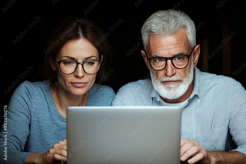 Couple in glasses looking at laptop. Couple in glasses looking at laptop.