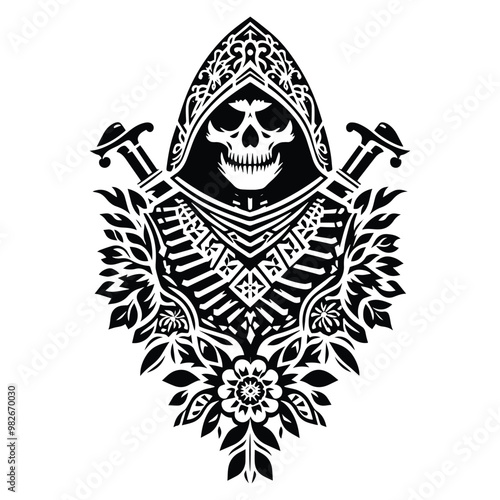 assasin skeleton with folk art decoration in black and white illustrations, cutout graphic f