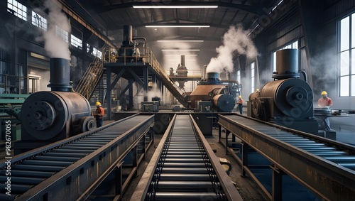 an industrial factory, featuring large metal machines, conveyor belts, and steel structures, smoke and steam rising from various machines, dim lighting casting long shadows, rust and wear visible