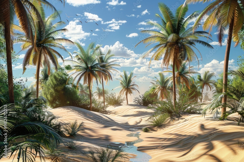 Obraz premium A serene desert scene featuring palm trees and a small stream of water