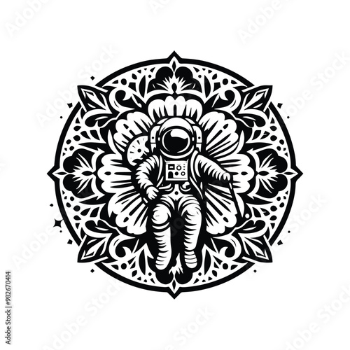 astronaout with folk art decoration in black and white illustrations, cutout graphic photo