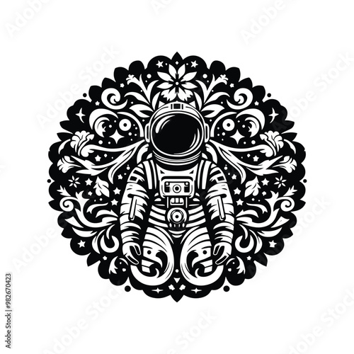 astronaout with folk art decoration in black and white illustrations, cutout graphic